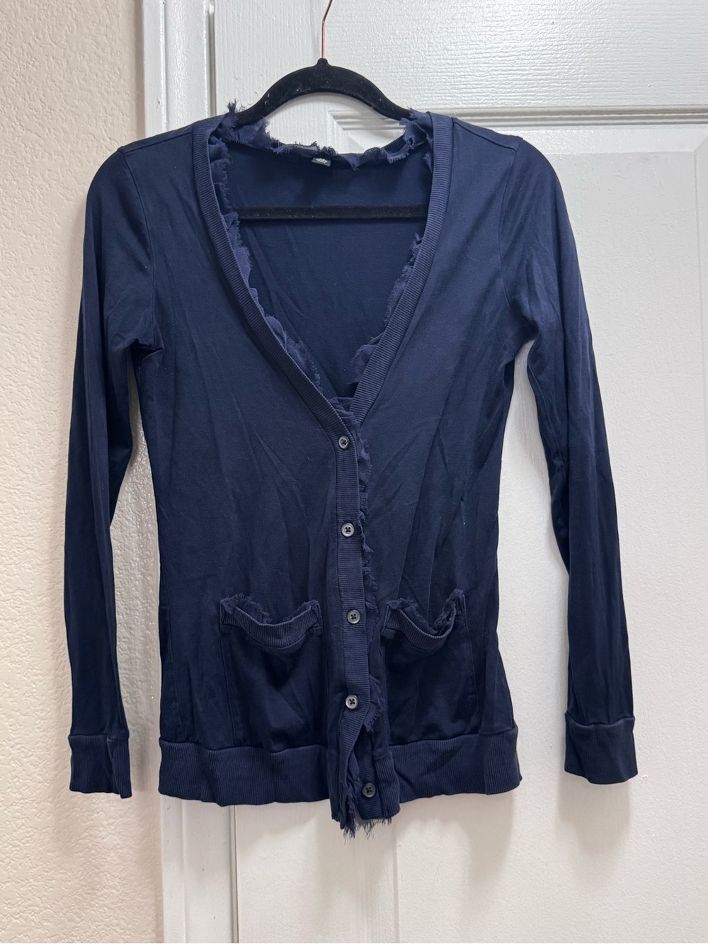 Banana Republic Navy Frayed Ruffle Trim Cardigan Sweater Small